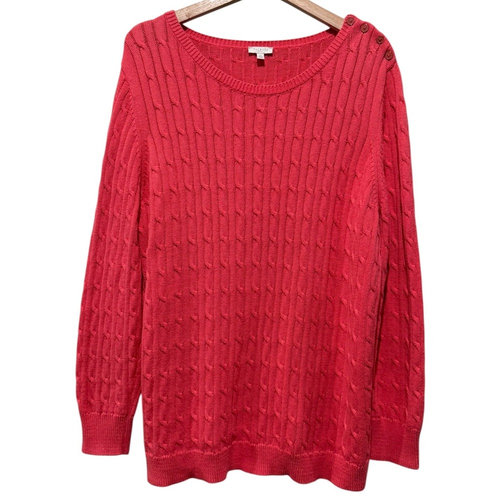 Talbots Womens Cable Knit Cotton Sweater 3X Pink Pullover Button Accent Preppy